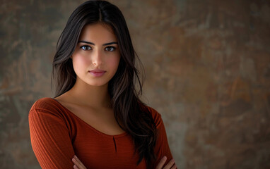 Fototapeta premium A woman with long hair is wearing an orange shirt and is looking at the camera. The image has a warm and inviting mood, with the woman's smile