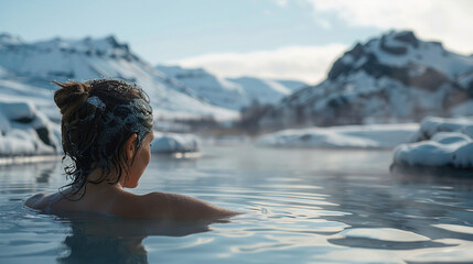 back view of a girl bathes in a blue lagoon in iceland, cinematic, in the open air with a gorgeous view of the snowy mountains. Incredible iceland in winter