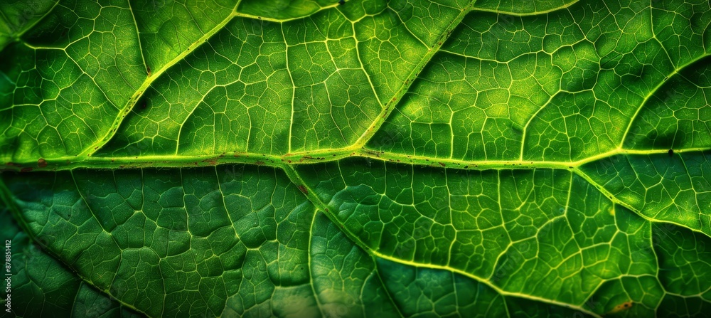 Poster vibrant green leaf with highlighted veins against simple background for text overlay