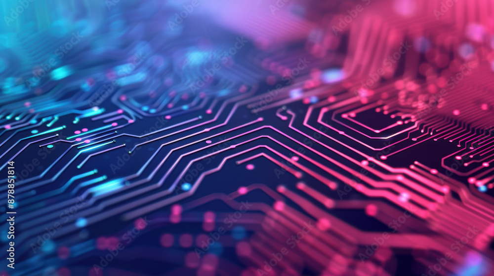 Poster close-up of a colorful electronic circuit board with glowing interconnected lines. modern technology