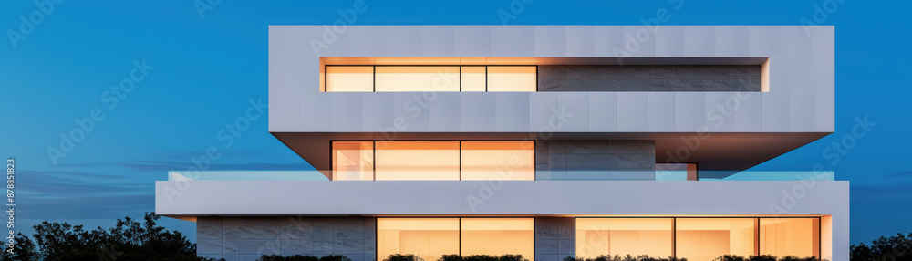 Poster modern three-story house with sleek architecture. the setting sun casts a warm glow on the large gla