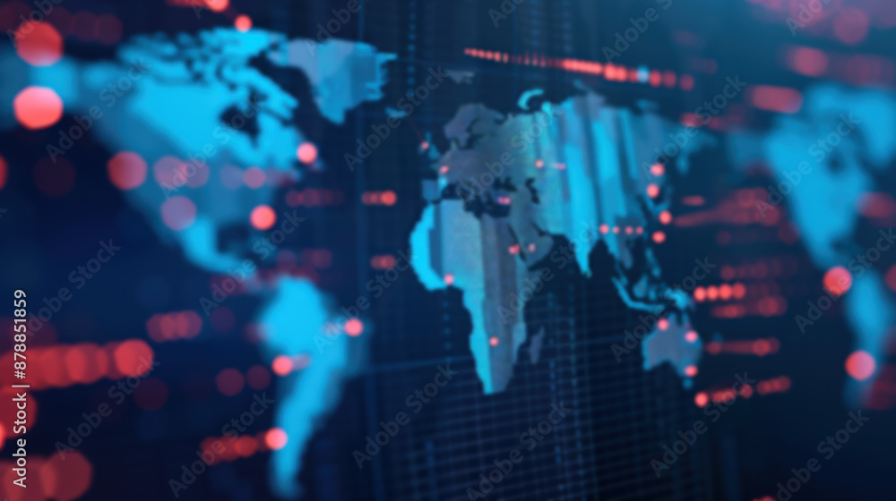 Poster blurred digital world map with glowing data points highlighting global connectivity and technologica