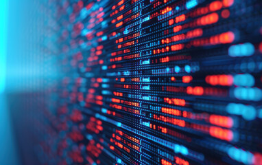 Obraz premium High-tech digital screen with red and blue pixelated data displays, representing modern technology, data analysis, and advanced computing concepts.
