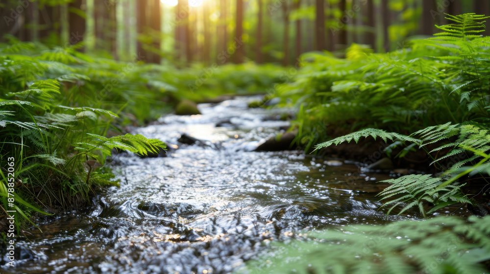 Poster a tranquil forest stream flowing gently through lush ferns and trees, illuminated by the warm glow o