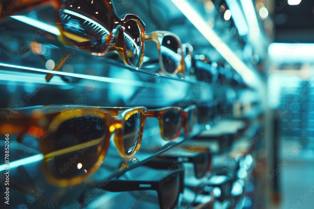 Poster A decorative display case filled with multiple pairs of sunglasses