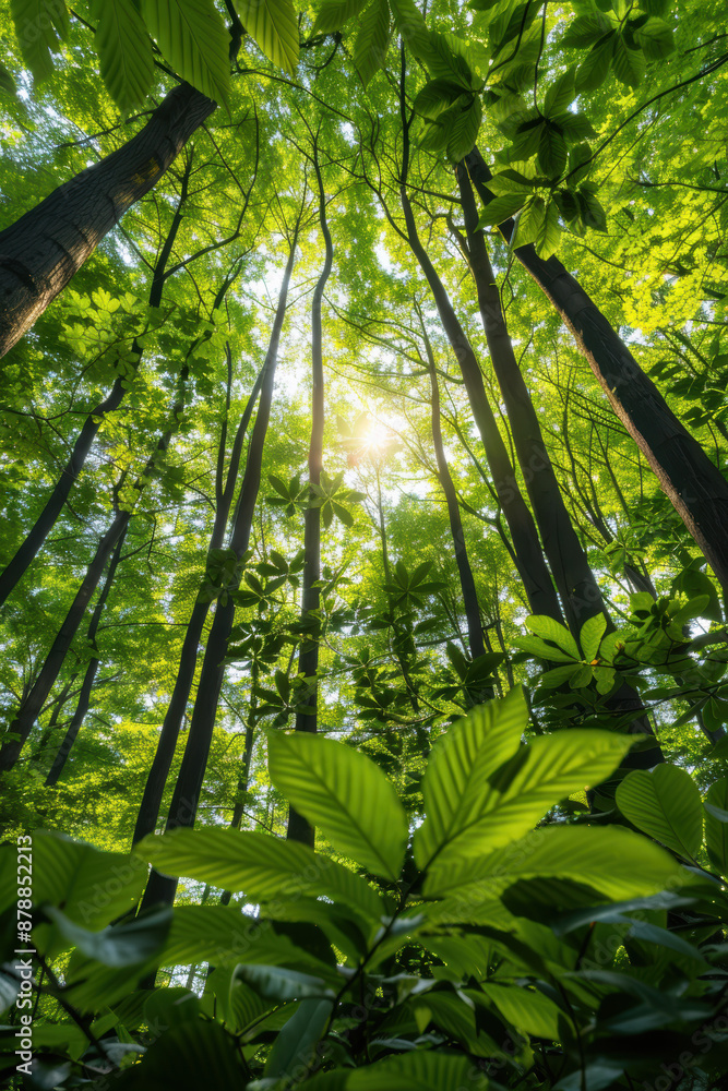 Poster majestic view of tall trees in a lush forest with sunlight filtering through green leaves, creating 