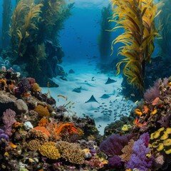 Fototapeta premium Stunning underwater photo of a vibrant coral reef filled with colorful marine life, various fish species, and sea plants, set against a serene blue ocean backdrop with rays swimming in the distance.