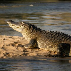 Obraz premium A detailed photograph of a crocodile basking in the sunlight on a sandy riverbank. The image captures the texture of its rugged skin and the serene river backdrop. Ideal for wildlife
