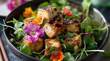 Healthy fried tofu salad with fresh organic greens sunflower sprouts and sesame oil dressing adorned with edible flowers
