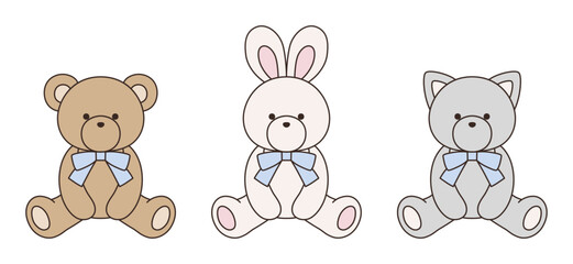 リボンをつけたかわいいくまとうさぎとねこのぬいぐるみのベクターイラストセット　アイコン　動物