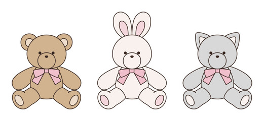 Fototapeta premium リボンをつけたかわいいくまとうさぎとねこのぬいぐるみのベクターイラストセット アイコン 動物