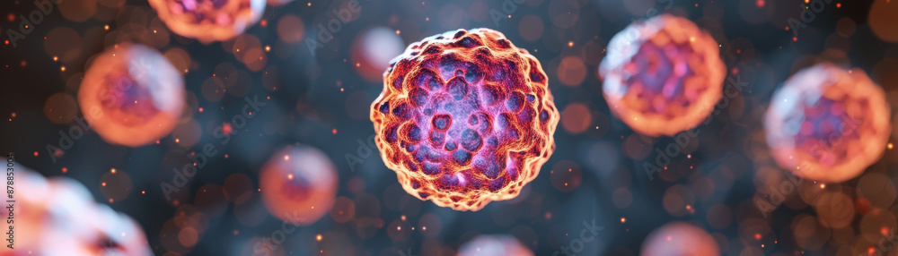 Poster high-definition ed image of microscopic virus particles with a detailed structure, highlighting the 
