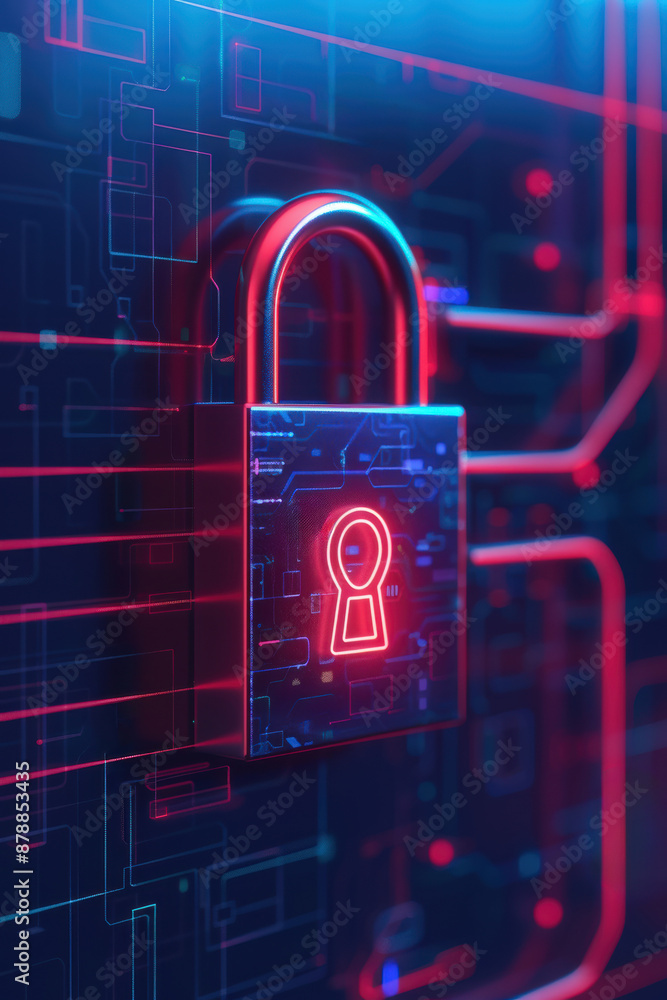 Poster a glowing red padlock symbol on a digital circuit board background, representing cybersecurity, tech