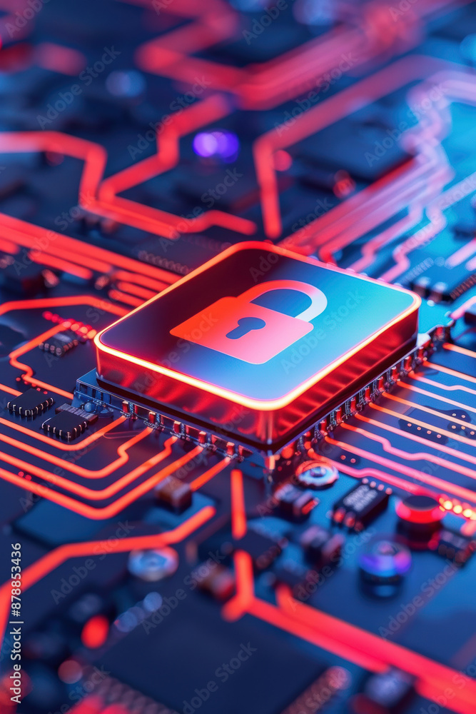 Poster close-up of a computer microchip with a padlock symbol, representing cybersecurity and data protecti