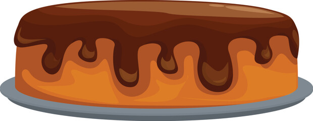 Delicious round cake covered with melted chocolate is standing on the plate