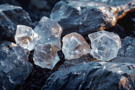 Closeup photo of rough raw diamonds laying on the rocks