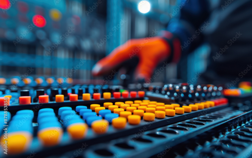 Poster close-up of an audio engineer adjusting sound levels on a vibrant mixing console in a professional r