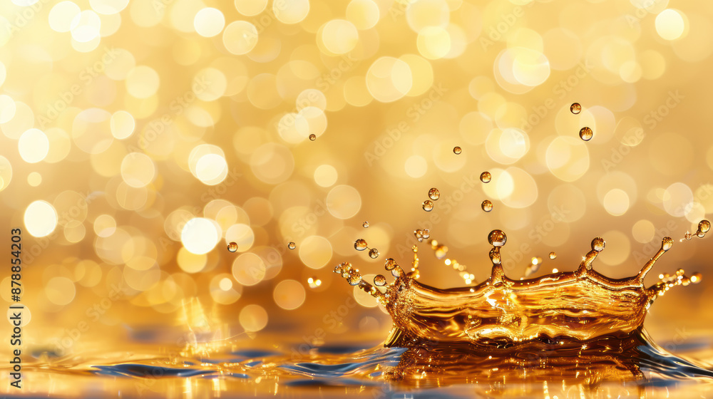 Poster golden liquid splash with bokeh light background, creating a vibrant and dynamic scene perfect for a