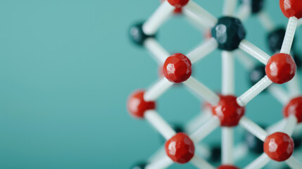 Obraz premium Abstract molecular structure with red and black spheres connected by white rods, showcasing a scientific and modern concept on a blue background.