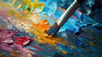 Obraz premium A close-up of a paintbrush mixing vibrant colors on an artist's palette. The scene captures the texture and blending of paints, highlighting creativity and the artistic process