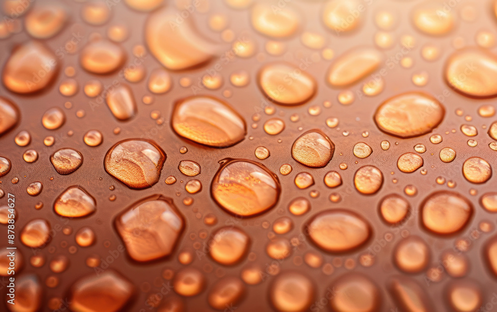 Poster close-up of water droplets on a smooth, orange surface, creating a refreshing and vibrant background
