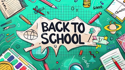 Obraz premium Back to School text with colorful illustrations of school supplies like pencils, rulers, notebooks, and magnifying glass on a green background