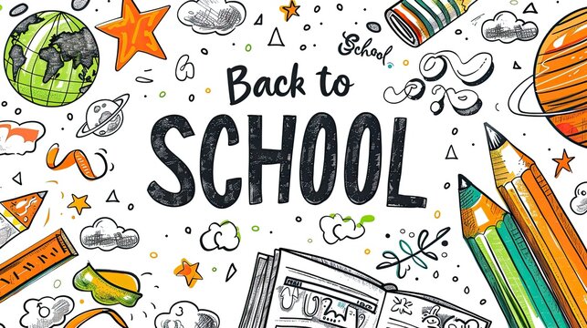 Back to School text with doodles of stars, globe, pencils, and other school-related items, creating a playful and engaging design - Powered by Adobe