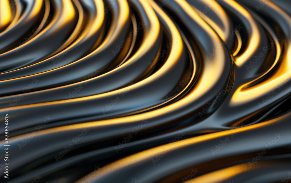 Poster close-up of sleek metallic waves reflecting golden light, showcasing a modern abstract pattern with 