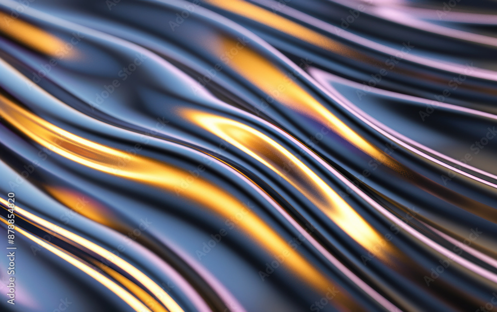 Poster abstract background featuring smooth flowing metallic waves in vibrant gold and blue hues, creating 