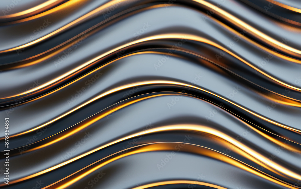 Poster abstract metallic waves in gold and grey hues creating a fluid, futuristic texture. ideal for backgr