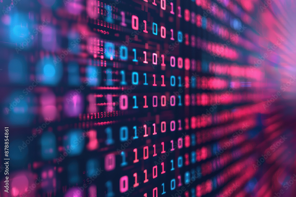 Poster futuristic digital binary code background in red and blue, representing data transmission and cybers