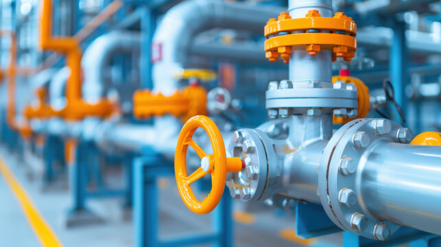 Industrial piping system with bright orange valve handles and stainless steel pipes in a factory setting, showcasing engineering and manufacturing.