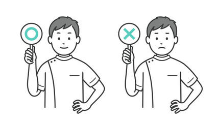 まるとばつの札を持ち腰に手を当てる男性看護師の上半身イラスト