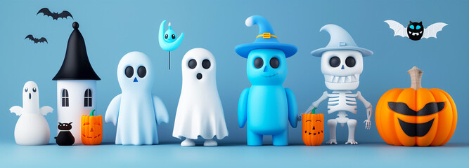 Whimsical Halloween figurines with ghosts, skeletons, pumpkins, and a haunted house against a light blue background. Playful spooky decor concept.
