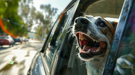 Happy Lap Dog Taking in the Sights from Car Window on Road Trip