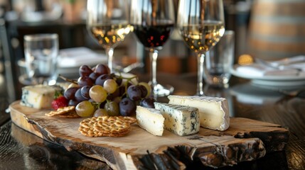 Artisanal cheese and wine pairing on an elegant wooden board