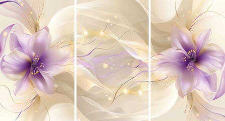 Set Of Three Canvases Wallpaper Art Decoration Background - Abstract Floral Design with Purple Flowers Gold Blink
