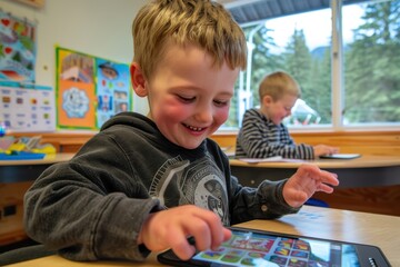 A young child using a tablet with an educational app in a classroom setting, with other students also engaged with technology at their desks.
