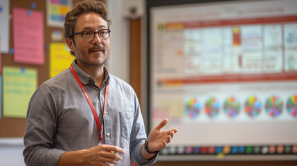 Male teacher giving a presentation in a classroom with colorful charts and notes on the board in the background