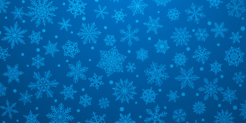 Christmas background of beautiful complex snowflakes in blue colors. Winter illustration with falling snow.