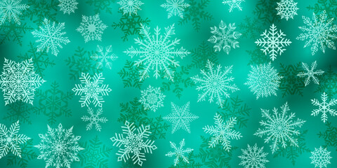 Christmas background of beautiful complex snowflakes, white on turquoise. Winter illustration with falling snow.