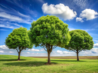 Fototapeta premium tree on the field, grass, field, green, nature, meadow, summer, blue, spring, cloud, clouds, horizon, rural, environment