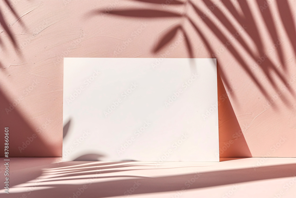 Poster simple and aesthetic blank greeting card featuring floral and shadow on a soft pink backdrop, ready 