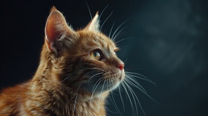 Close up portrait of adorable Scottish straight cat in studio against dark backdrop with empty space