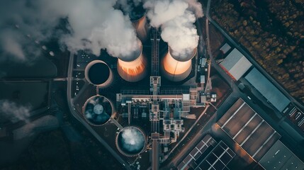 Aerial View of Vast Nuclear Power Plant with Cooling Towers Emitting Steam