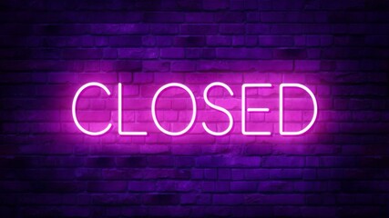 Neon closed sign glowing in purple against a brick wall, conveying business closure, nightlife atmosphere, or urban aesthetic for design purposes.