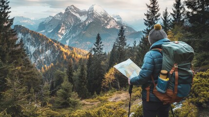 Backpacker looking at a scenic mountain view with a map in hand
