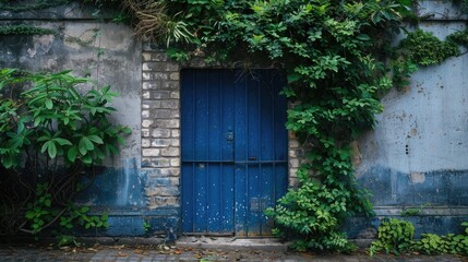 Blue door obscured by metal gate in grey wall with big bricks and dense foliage in front