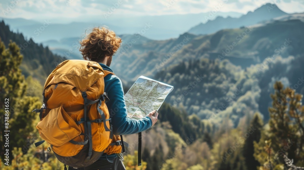 Fototapete Backpacker looking at a scenic mountain view with a map in hand
