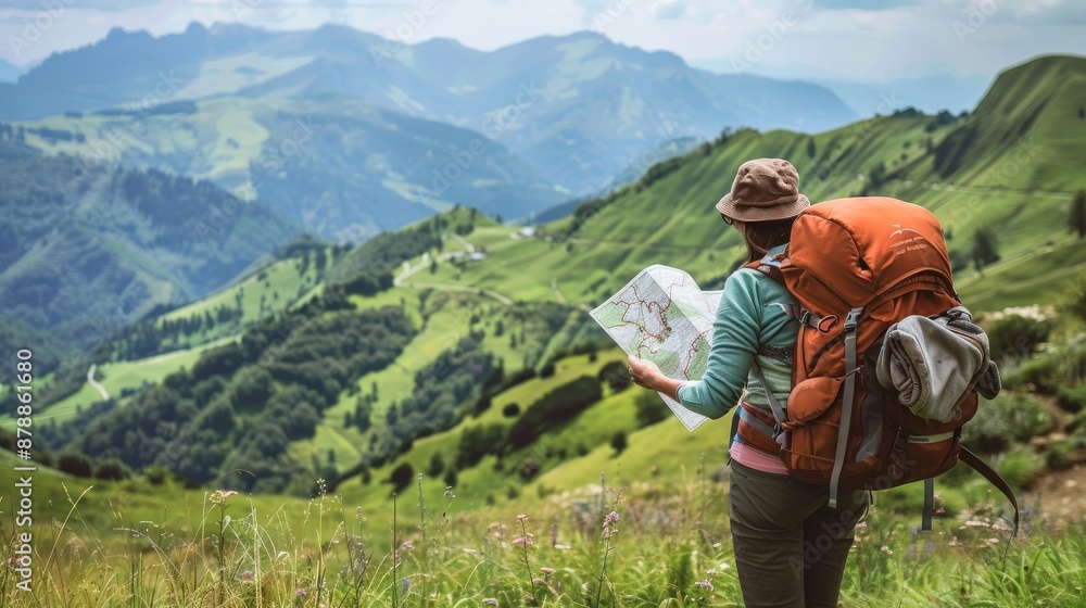 Aufkleber Backpacker looking at a scenic mountain view with a map in hand